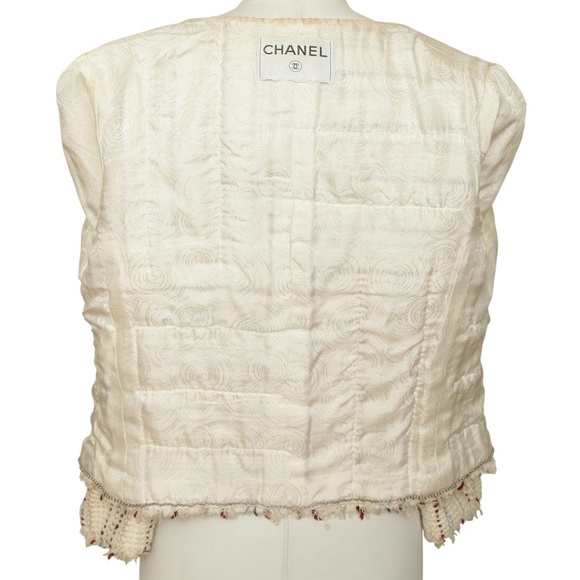CHANEL Striped Tweed Jacket Blazer Ivory Cropped 3/4 Sleeve Chain Sz XS VINTAGE - Picture 6 of 9